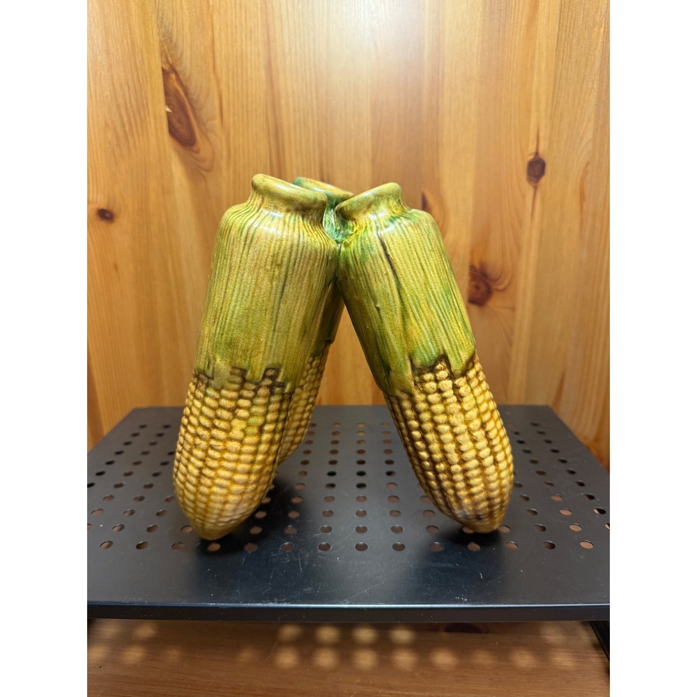 Vintage Ceramic Corn Cob Triple Vase Green Yellow Farmhouse Kitchen Decor